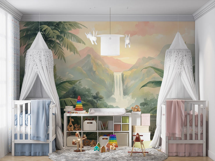 Tropical Paradise Wall Mural for Kids Room - Watercolor Jungle & Waterfall Wallpaper - Wallmotif.com