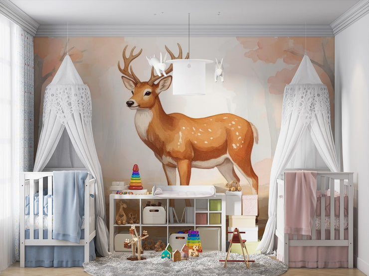 Watercolor Deer Forest Wallpaper Mural Blush Orange Tones - Wallmotif.com