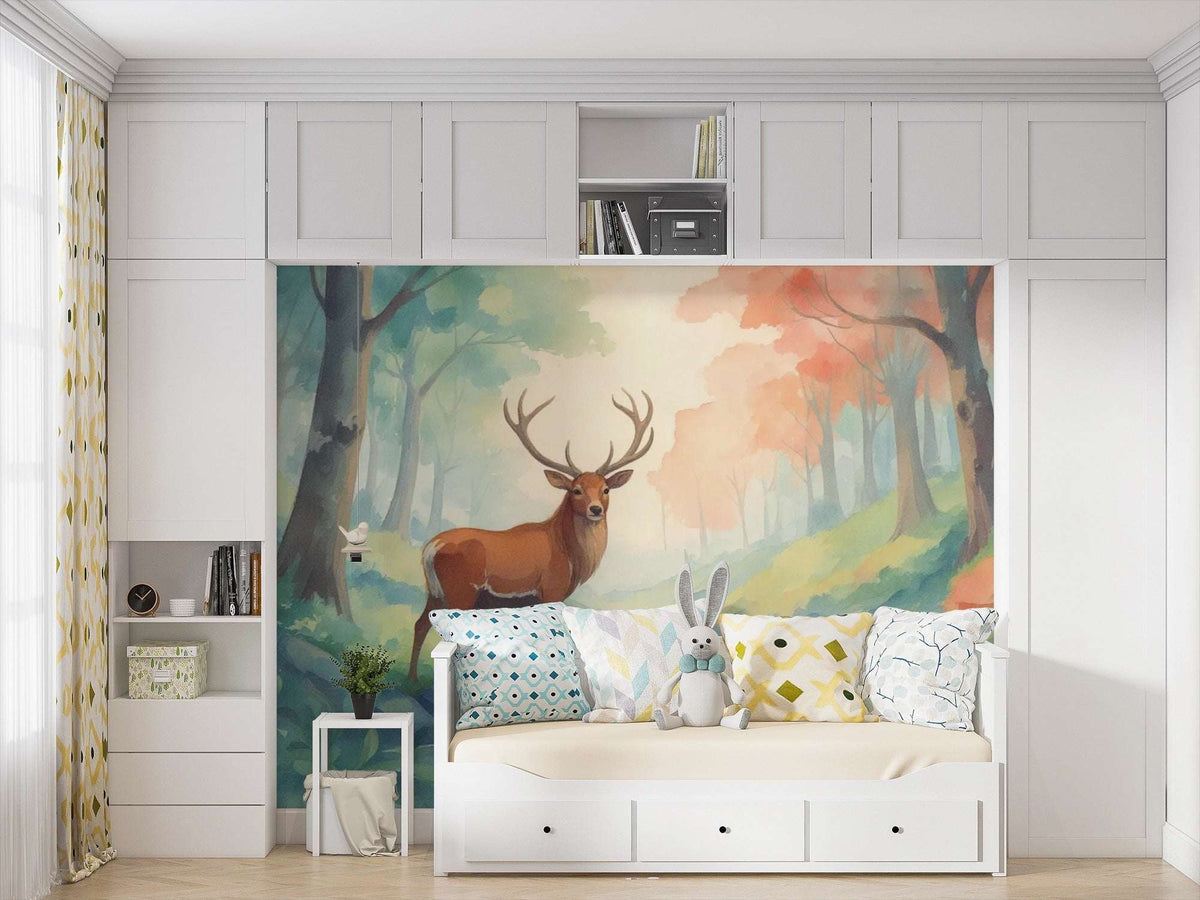 Woodland Deer Wall Mural Magical Forest Animal Wallpaper for Playroom