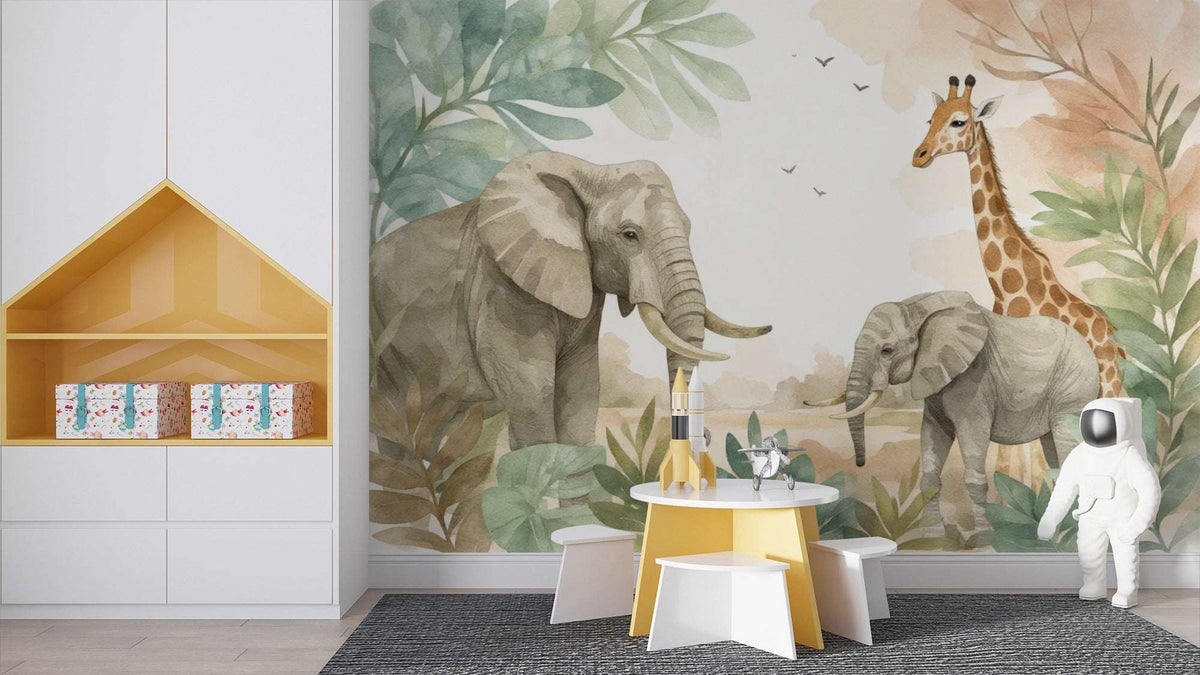 Safari Jungle Animals Wall Mural - Watercolor Elephant & Giraffe Wallpaper