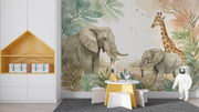 Safari Jungle Animals Wall Mural - Watercolor Elephant & Giraffe Wallpaper - Wallmotif.com
