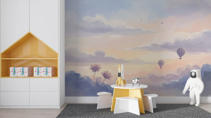 Watercolor Sky Wall Mural for Kids Room - Dreamy Cloud & Hot Air Balloon Wallpaper - Wallmotif.com