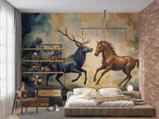 Mythical Stag & Horse Watercolor Wall Mural - Enchanting Forest Spirit Accent Wall Decor - Wallmotif.com