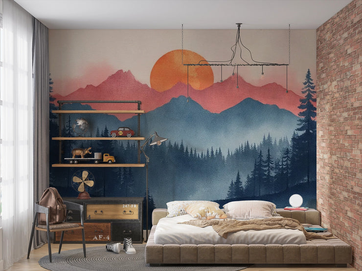 Sunrise Mountain Forest Wall Mural - Nature Inspired Decor - Wallmotif.com