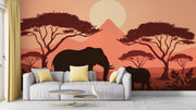 African Sunset Elephant Mural Wallpaper - Safari Wall Decor for Living Room - Wallmotif.com