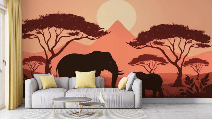 African Sunset Elephant Mural Wallpaper - Safari Wall Decor for Living Room - Wallmotif.com