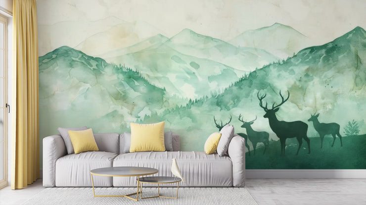 Watercolor Forest & Deer Wallpaper - Green Mountains Forest Wall Mural - Wallmotif.com