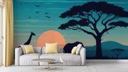 Twilight African Safari Wallpaper Mural - Sunset Giraffe Elephant Wall Art - Wallmotif.com