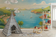 Coastal Escape Wall Mural for Kids - Sunny Bay Watercolor Mural Wallpaper - Wallmotif.com
