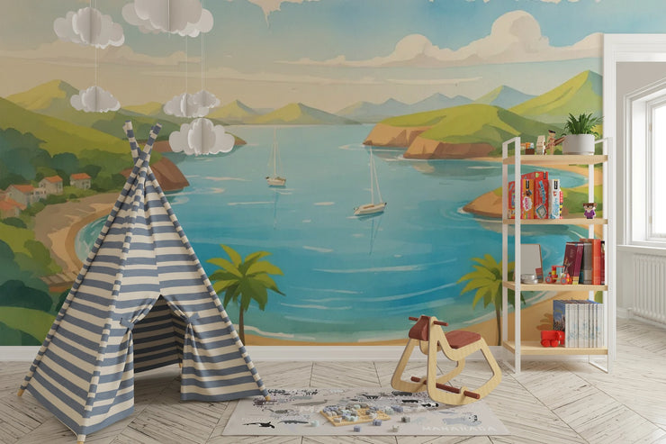 Coastal Escape Wall Mural for Kids - Sunny Bay Watercolor Mural Wallpaper - Wallmotif.com
