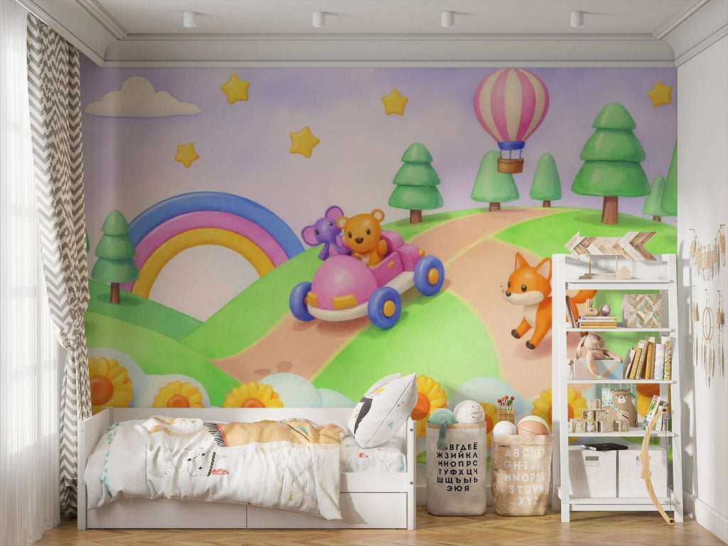 Playful Animal Road Trip Wall Mural - Peel and Stick Wallpaper for Nursery & Kids Room