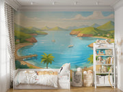 Coastal Escape Wall Mural for Kids - Sunny Bay Watercolor Mural Wallpaper - Wallmotif.com