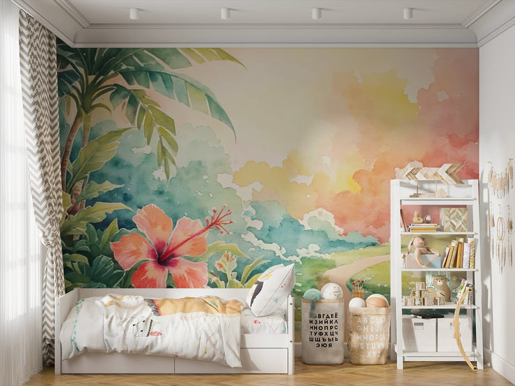 Jungle Dream Watercolor Mural Wallpaper - Adventure Awaits Nursery Wall Mural - Wallmotif.com