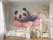Cute Panda Wall Mural for Nursery - Dreamy Watercolor Panda & Lotus Wallpaper - Wallmotif.com