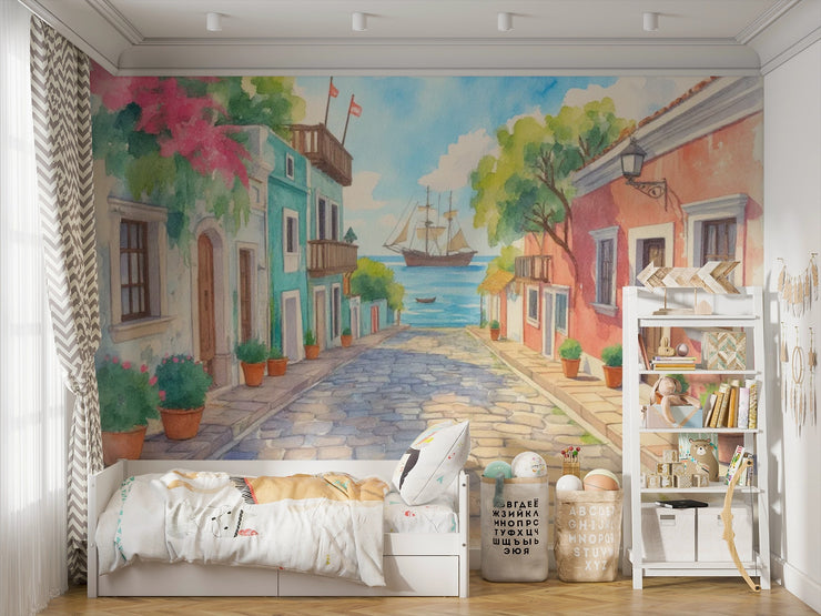 Mediterranean Street Wall Mural – Colorful Coastal Village Peel and Stick Wallpaper - Wallmotif.com