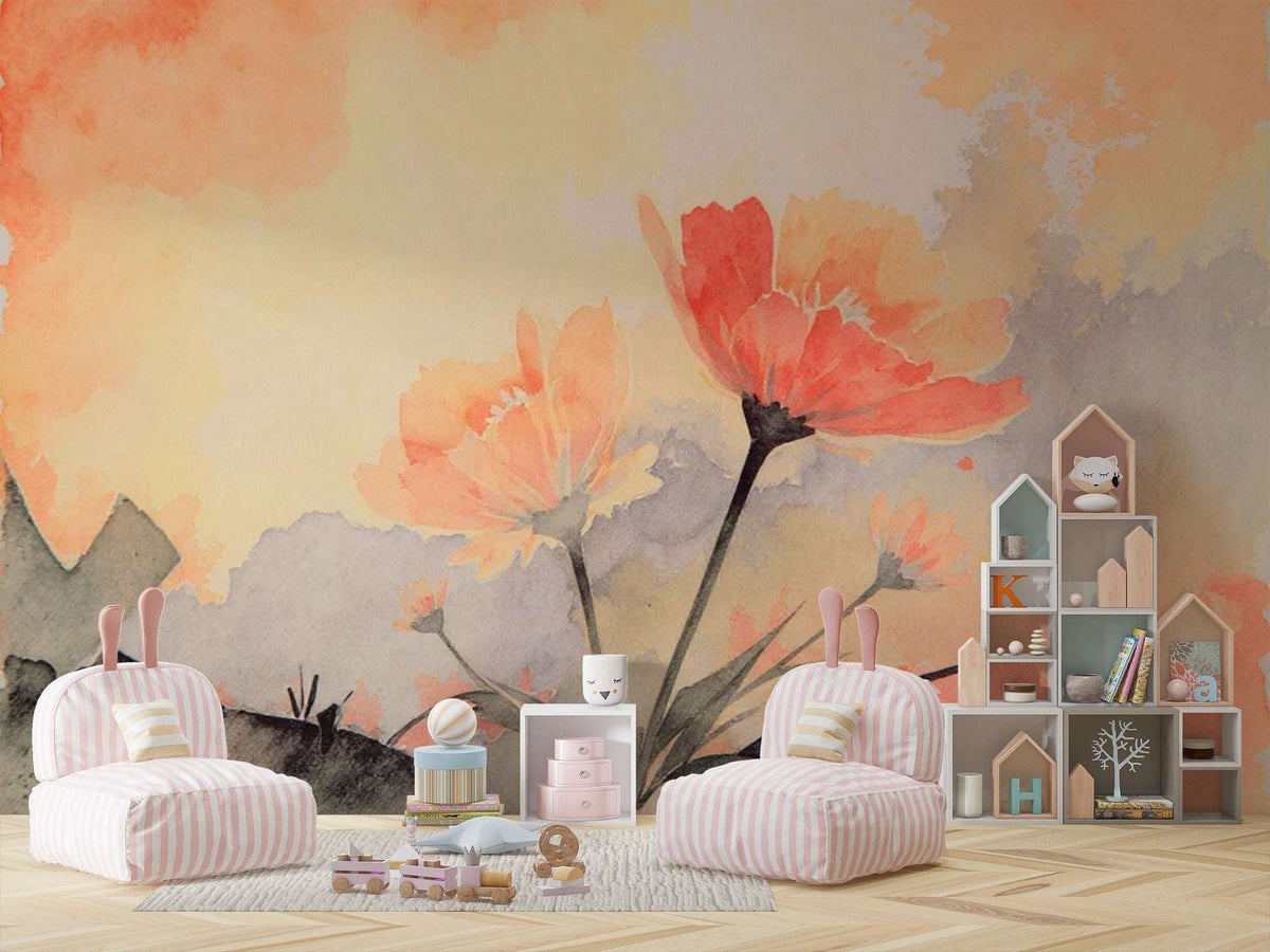 Watercolor Floral Wall Mural – Peach Orange Flower Peel and Stick Wallpaper