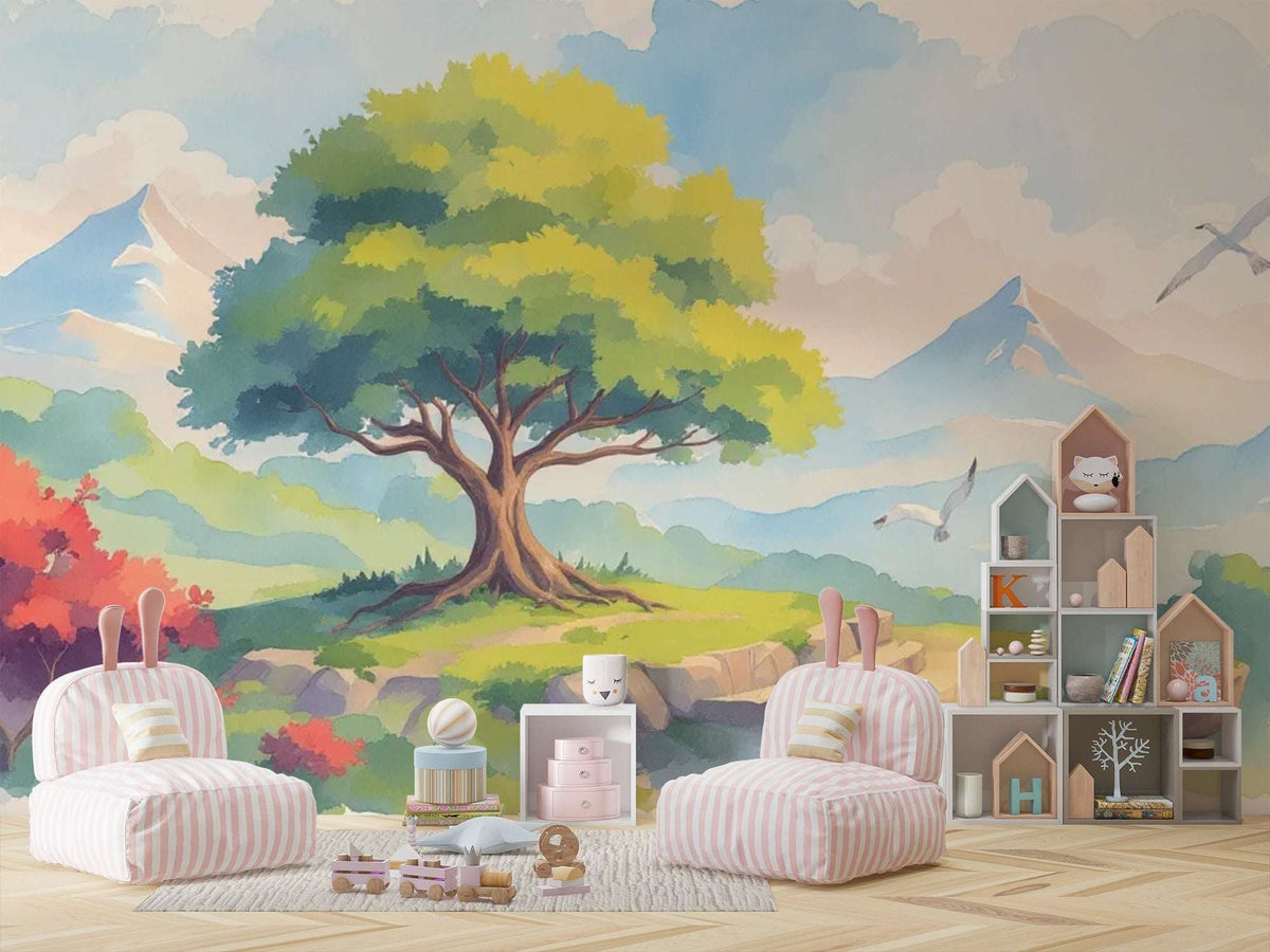 Magical Forest Mountain Nursery Wallpaper - Watercolor Mural for Kids Room Decor