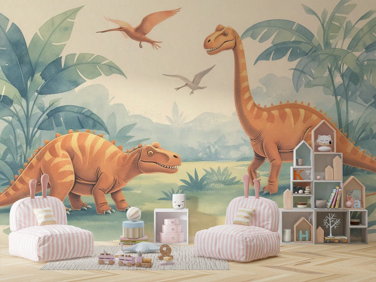 Playful Dinosaur Wall Mural - Dino Friends Nursery Wallpaper - Wallmotif.com