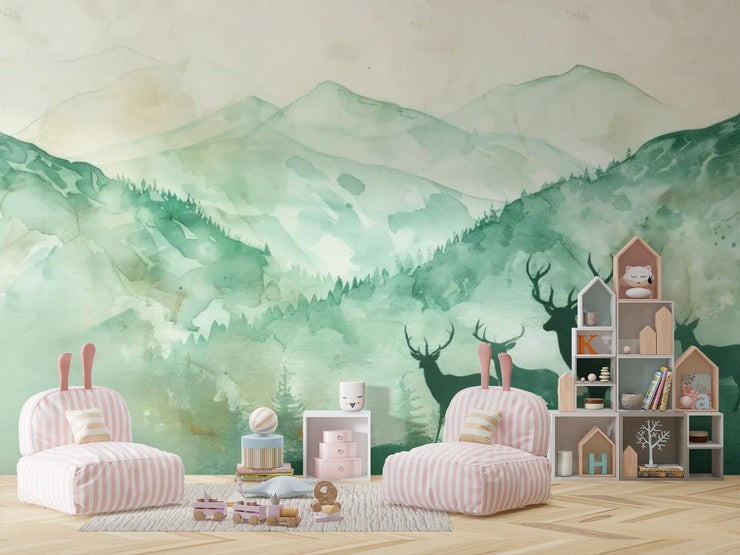 Watercolor Forest & Deer Wallpaper - Green Mountains Forest Wall Mural - Wallmotif.com