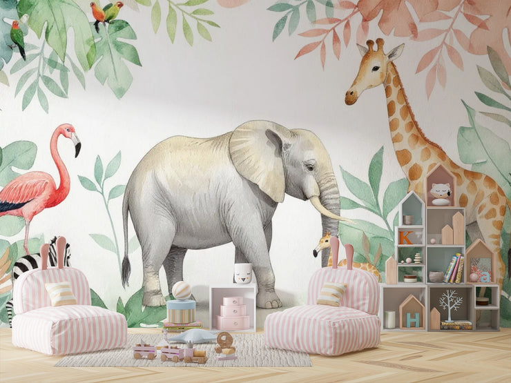 Safari Animals Nursery Wall Mural - Cute Jungle Friends Wallpaper for Kids Room - Wallmotif.com