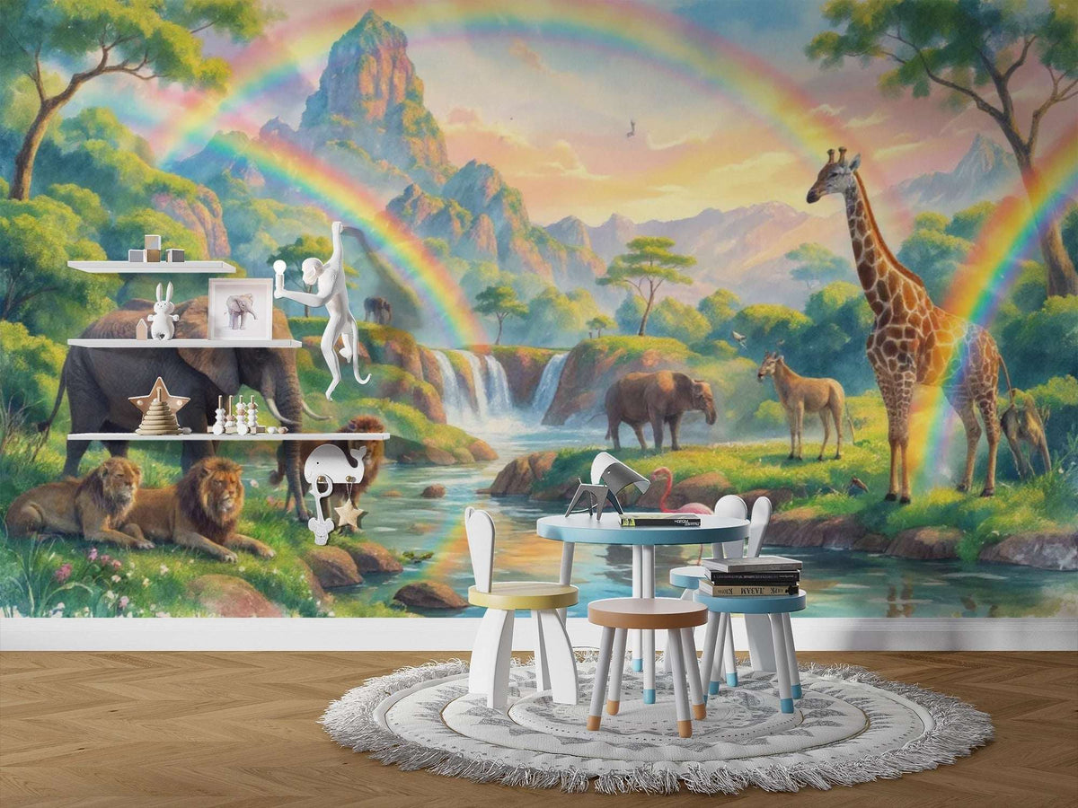 Safari Rainbow Wall Mural - African Animals Nursery Wallpaper