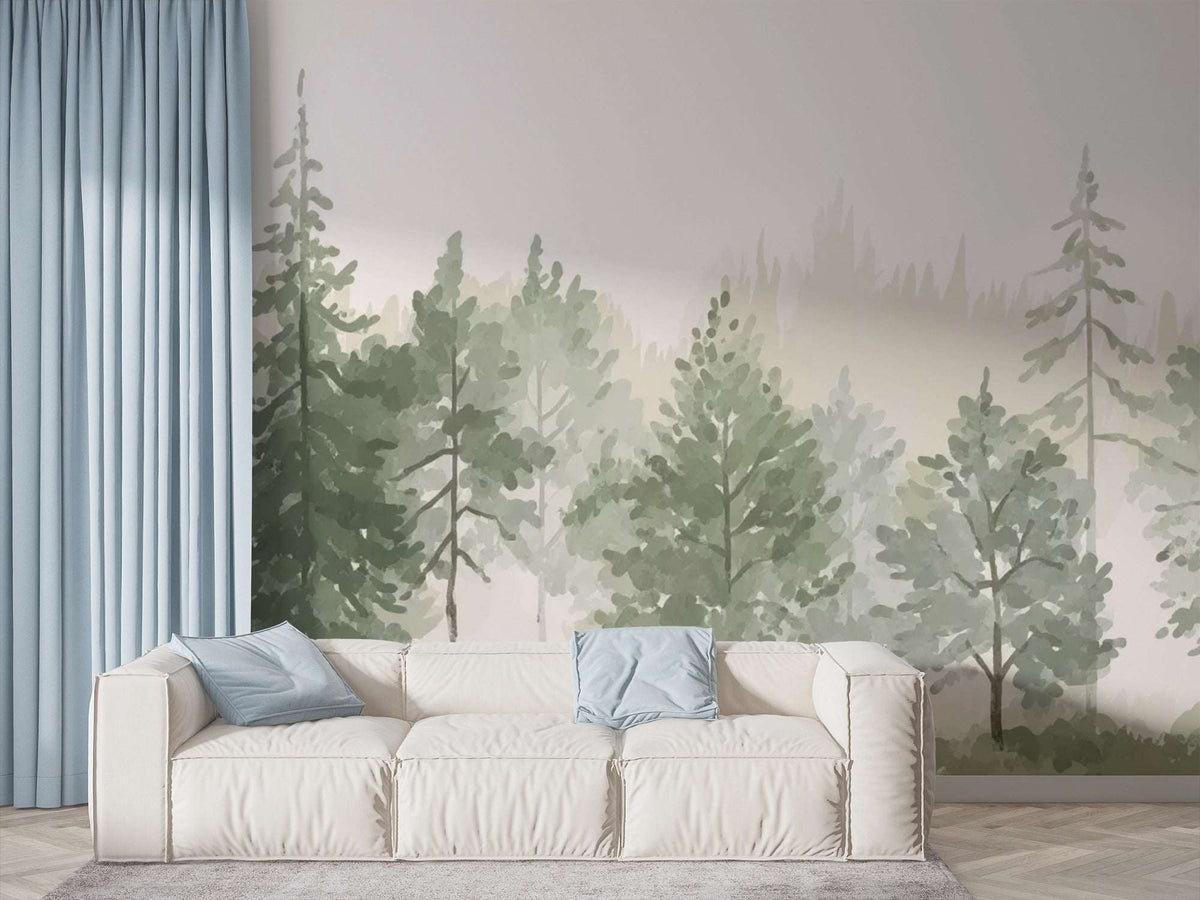 Watercolor Forest Mural Wallpaper - Pine Tree Landscape