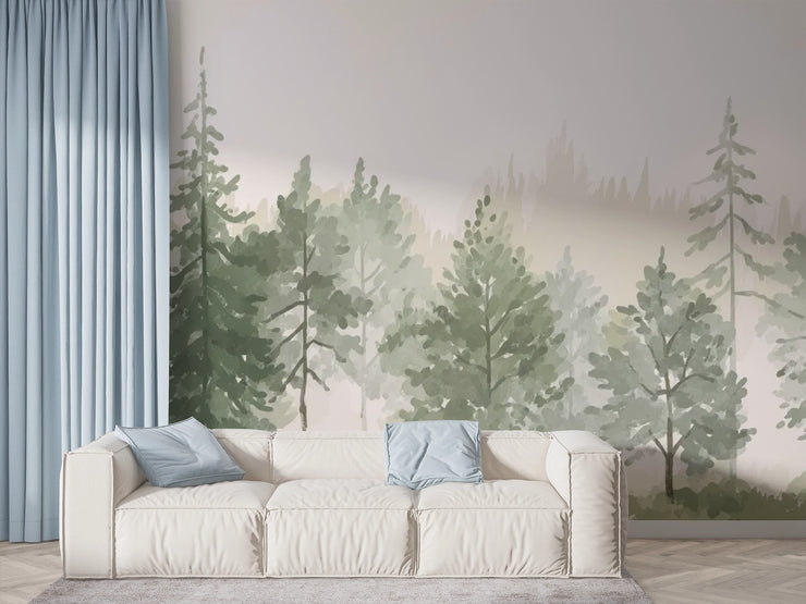Watercolor Forest Mural Wallpaper - Pine Tree Landscape - Wallmotif.com