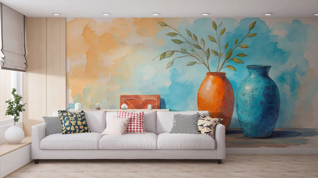 Vibrant Vase and Pampas Grass Wall Mural - Modern Home Decor