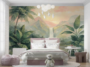 Tropical Landscape Mural Waterfall - Misty Mountains Waterfall Wall Mural - Wallmotif.com
