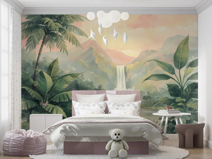 Tropical Landscape Mural Waterfall - Misty Mountains Waterfall Wall Mural - Wallmotif.com