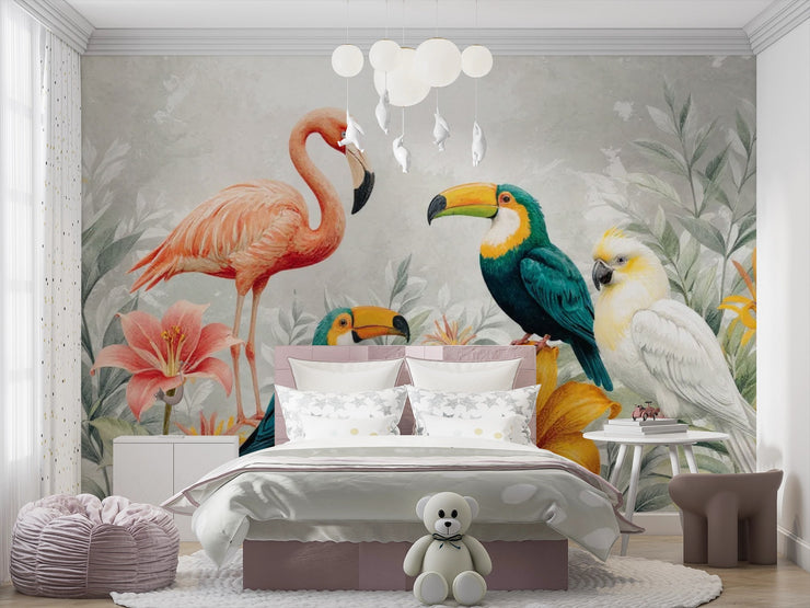 Jungle Birds Wallpaper Mural for Nursery and Kids Rooms - Wallmotif.com