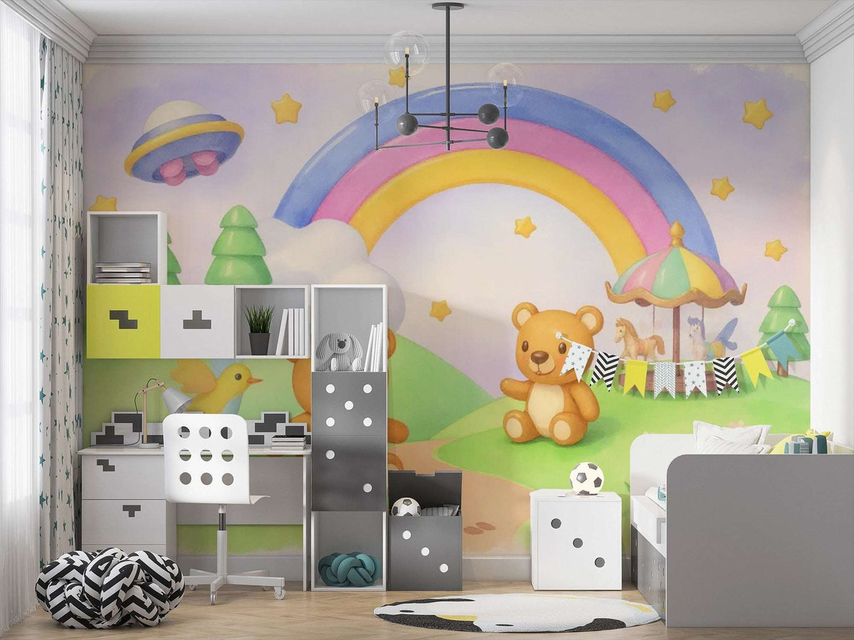 Teddy Bear Adventure Wall Mural - Peel and Stick Wallpaper for Nursery & Kids Room Decor