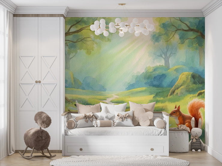 Enchanted Forest Squirrel Wallpaper Watercolor Animals Wall Mural - Wallmotif.com