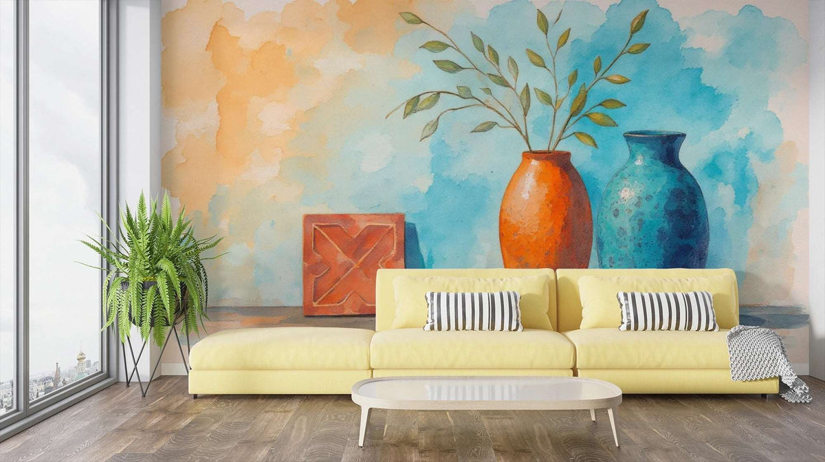 Vibrant Vase and Pampas Grass Wall Mural - Modern Home Decor