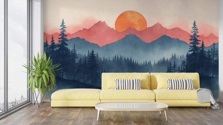 Sunrise Mountain Forest Wall Mural - Nature Inspired Decor - Wallmotif.com