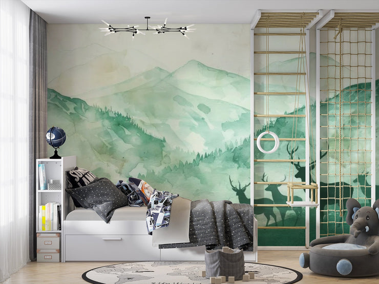 Watercolor Forest & Deer Wallpaper - Green Mountains Forest Wall Mural - Wallmotif.com