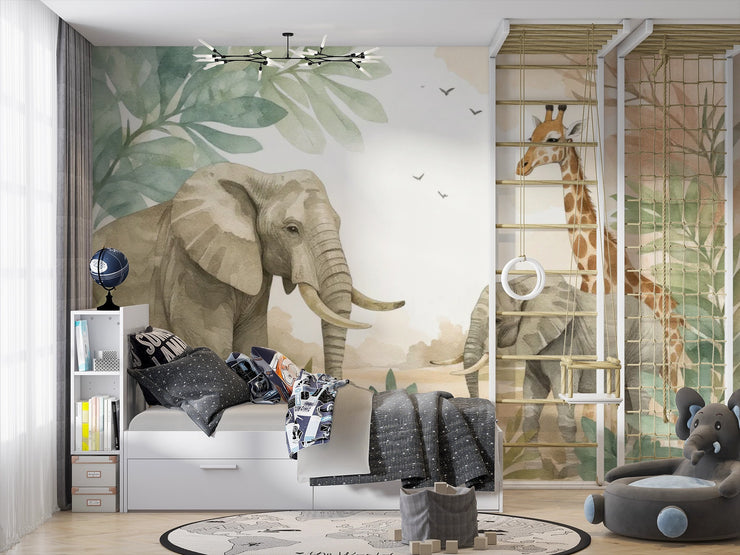 Safari Jungle Animals Wall Mural - Watercolor Elephant & Giraffe Wallpaper - Wallmotif.com