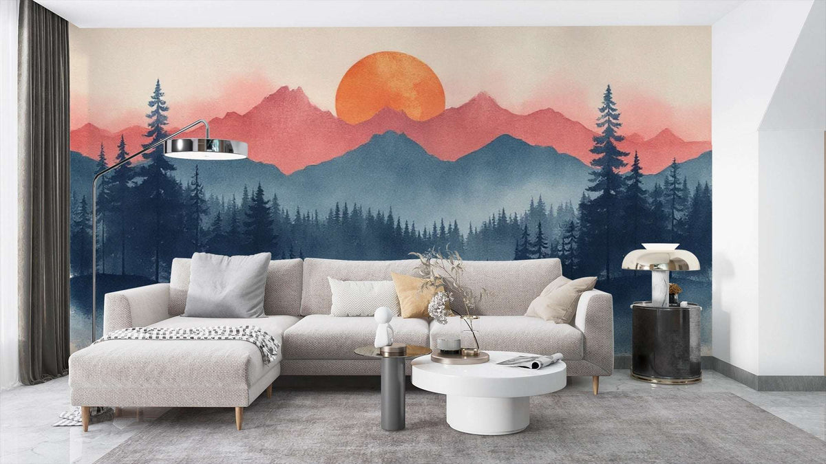 Sunrise Mountain Forest Wall Mural - Nature Inspired Decor