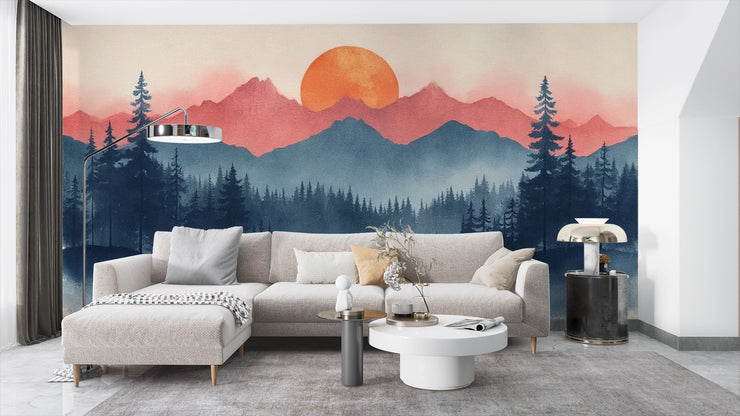 Sunrise Mountain Forest Wall Mural - Nature Inspired Decor - Wallmotif.com