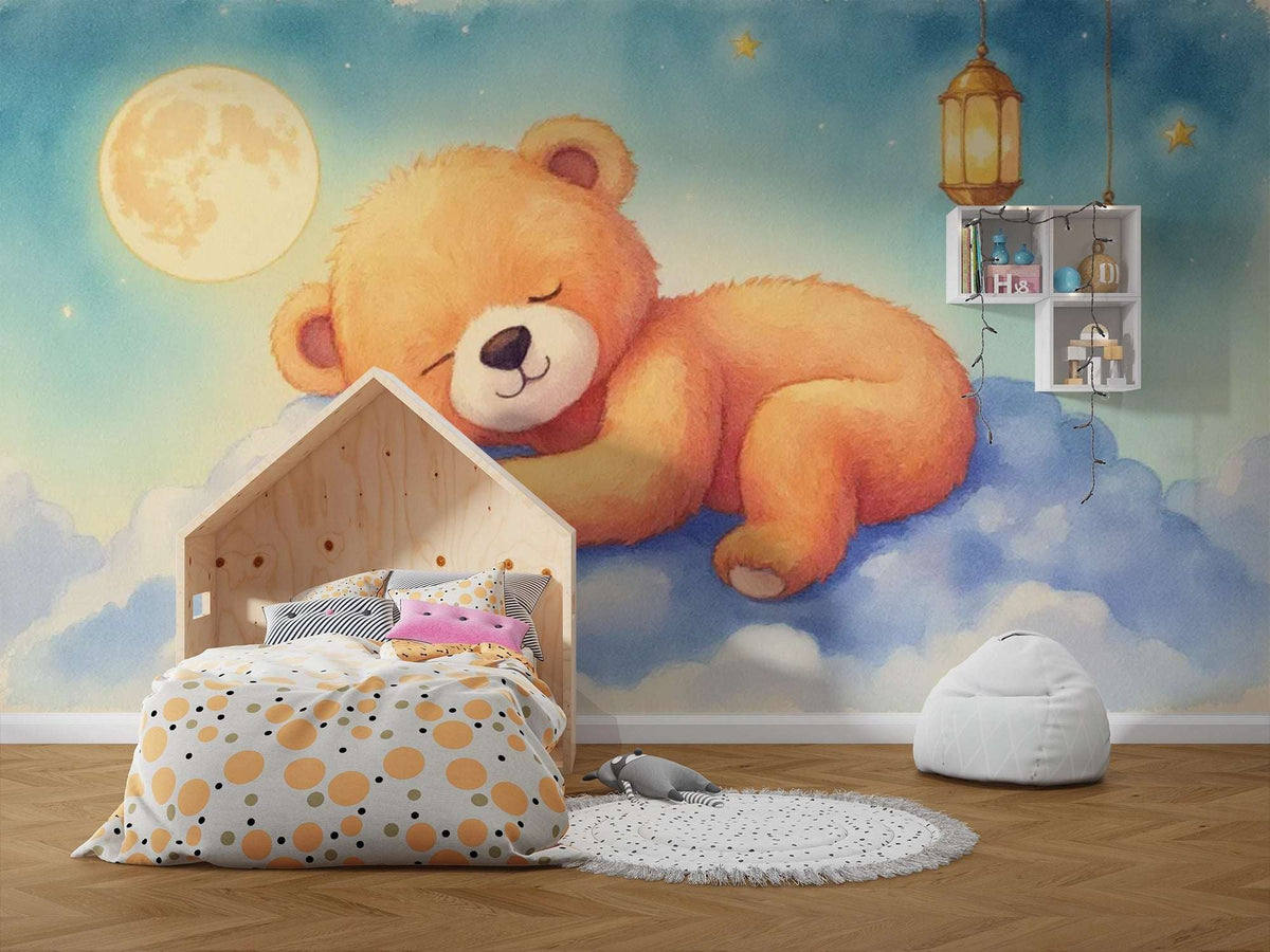 Dreamy Bear Moon Watercolor Wall Mural - Sleeping Teddy Bear Wall Mural for Nursery