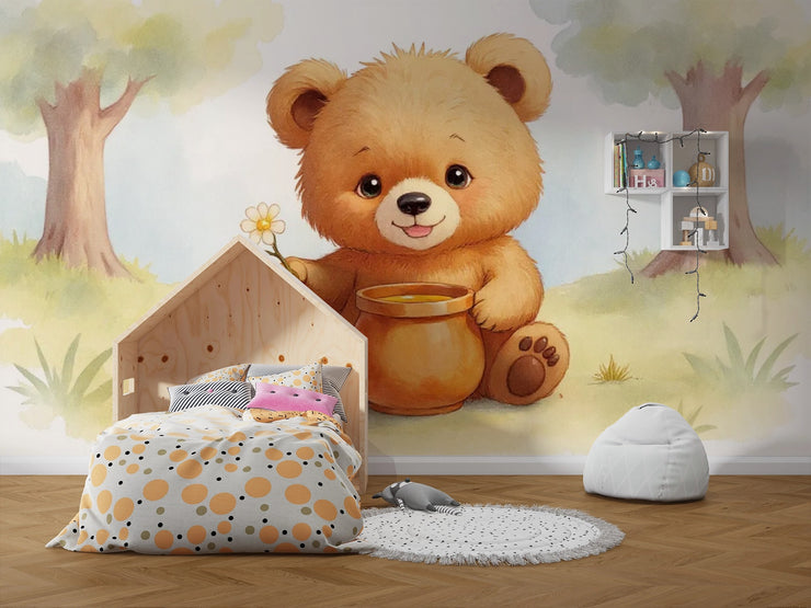 Cute Teddy Bear with Honey Pot Wall Mural - Sweet Teddy Bear Nursery Wallpaper - Wallmotif.com