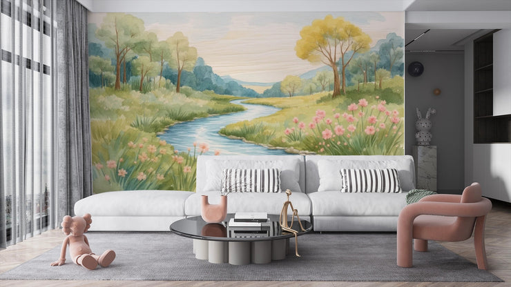 Watercolor River Valley Mural Wallpaper - Meadow Landscape - Wallmotif.com