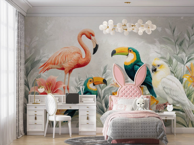 Jungle Birds Wallpaper Mural for Nursery and Kids Rooms - Wallmotif.com