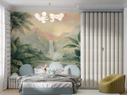 Tropical Landscape Mural Waterfall - Misty Mountains Waterfall Wall Mural - Wallmotif.com