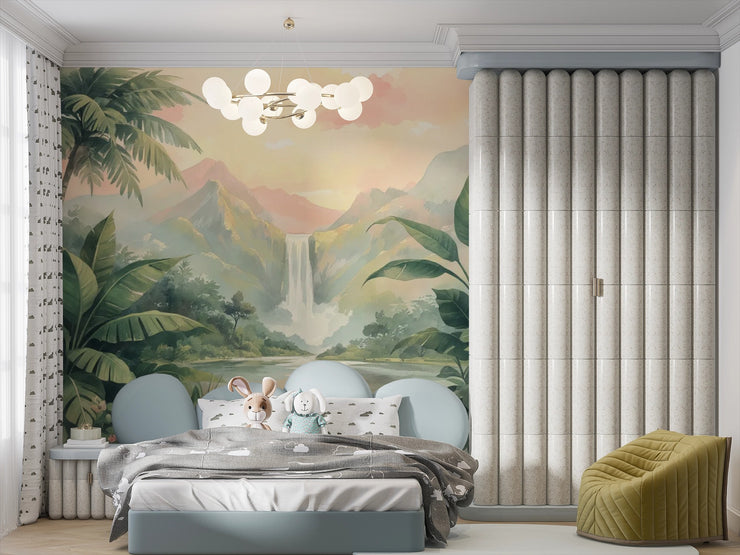 Tropical Landscape Mural Waterfall - Misty Mountains Waterfall Wall Mural - Wallmotif.com