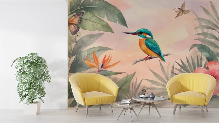 Serene Kingfisher & Tropical Leaf Wall Mural - Wallmotif.com