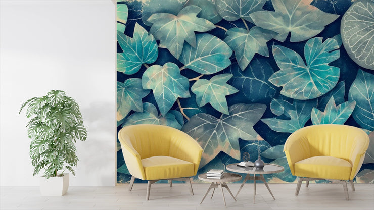 Moody Indigo & Teal Botanical Leaf Wall Mural - Abstract Art Wallpaper for Accent Wall - Wallmotif.com