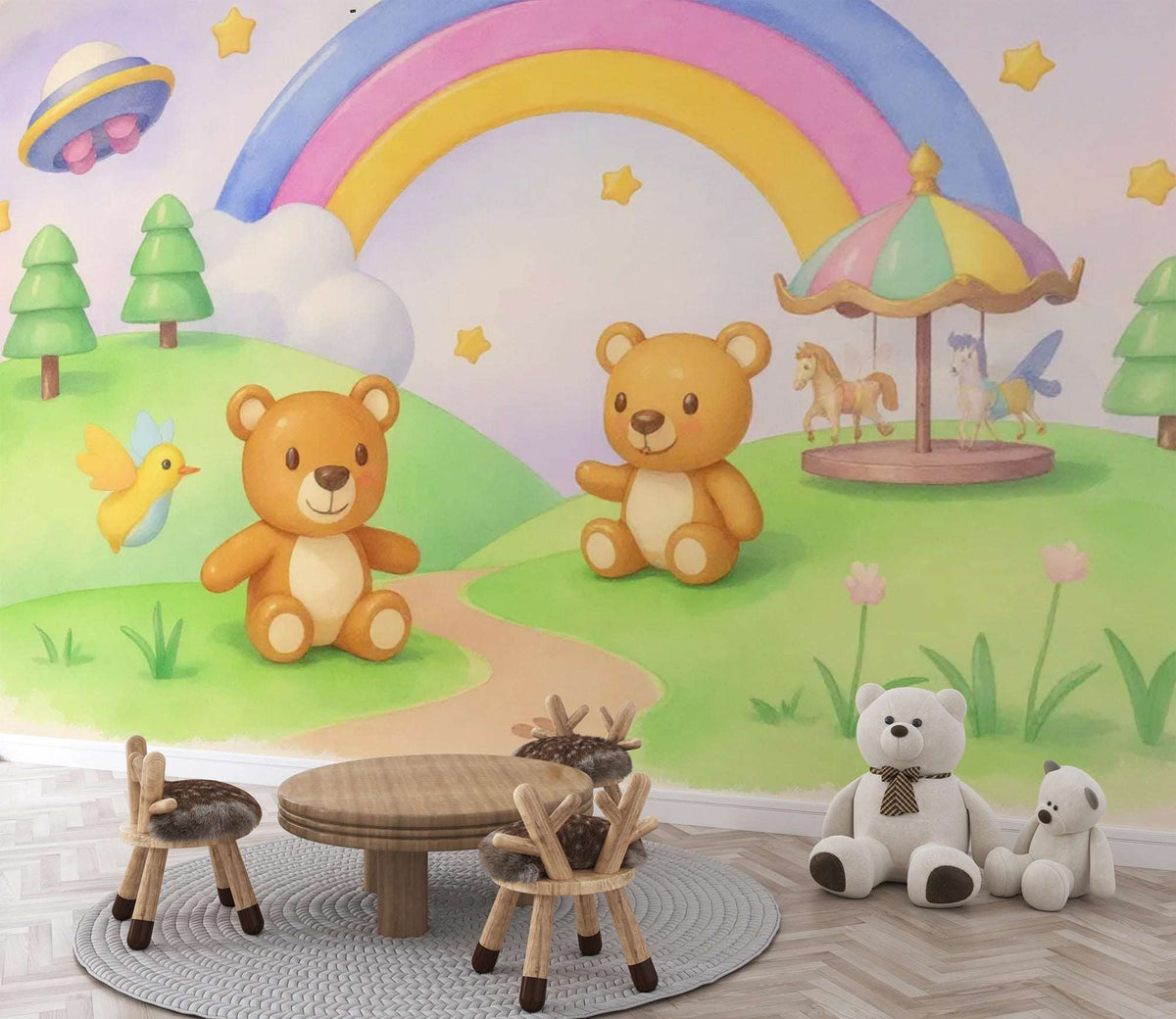 Teddy Bear Adventure Wall Mural - Peel and Stick Wallpaper for Nursery & Kids Room Decor