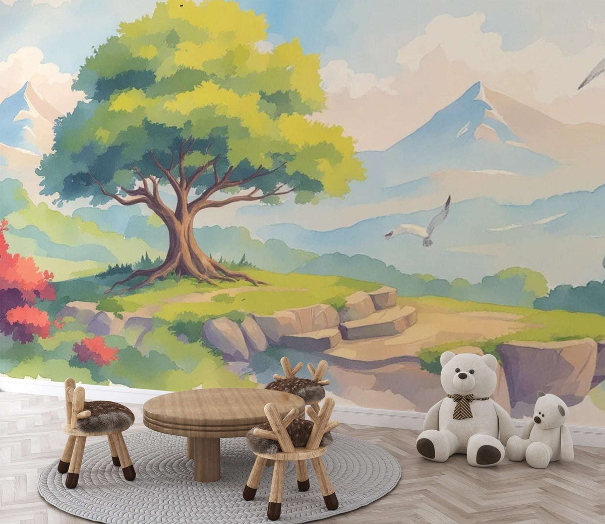 Magical Forest Mountain Nursery Wallpaper - Watercolor Mural for Kids Room Decor