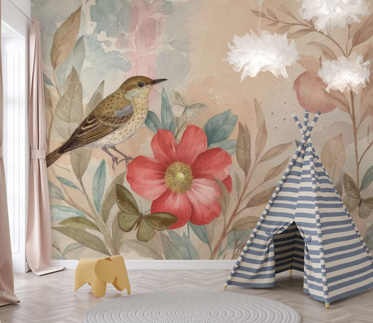 Watercolor Bird Floral Wallpaper, Nursery Mural, Removable Self-Adhesive Wall Decal